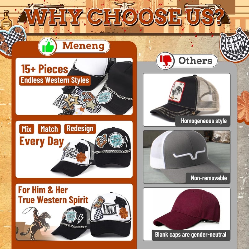 Meneng Western Trucker Hat for Cowboy: Men Women Adjustable Snapback Caps with 8pcs Embroidered Patches and a Chain - Image 5